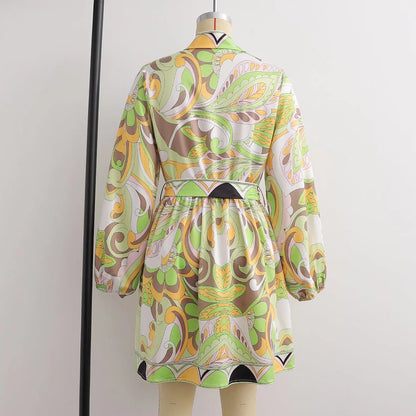 Sources Vintage Printed V neck Waist Controlled Long Sleeves Mid Length Dress Spring Summer Plus Size Slimming Dress 