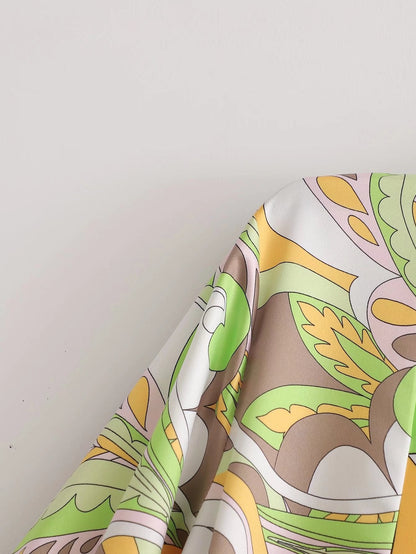 Sources Vintage Printed V neck Waist Controlled Long Sleeves Mid Length Dress Spring Summer Plus Size Slimming Dress 