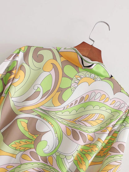 Sources Vintage Printed V neck Waist Controlled Long Sleeves Mid Length Dress Spring Summer Plus Size Slimming Dress 