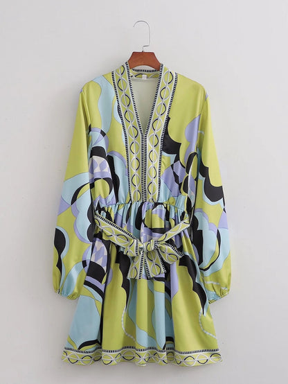 Women Clothing Summer Casual Collared Long Sleeve Printed Shirt Dress Lace-up Dress by Ragazza