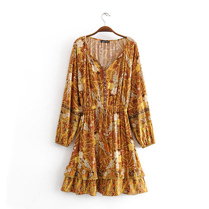 Women Rayon Positioning Tassel Copper Cylinder Elastic Waist Dress by Ragazza