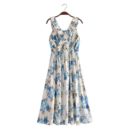 Vacation Summer Cross Backless Rayon Printing Slip Dress by Ragazza