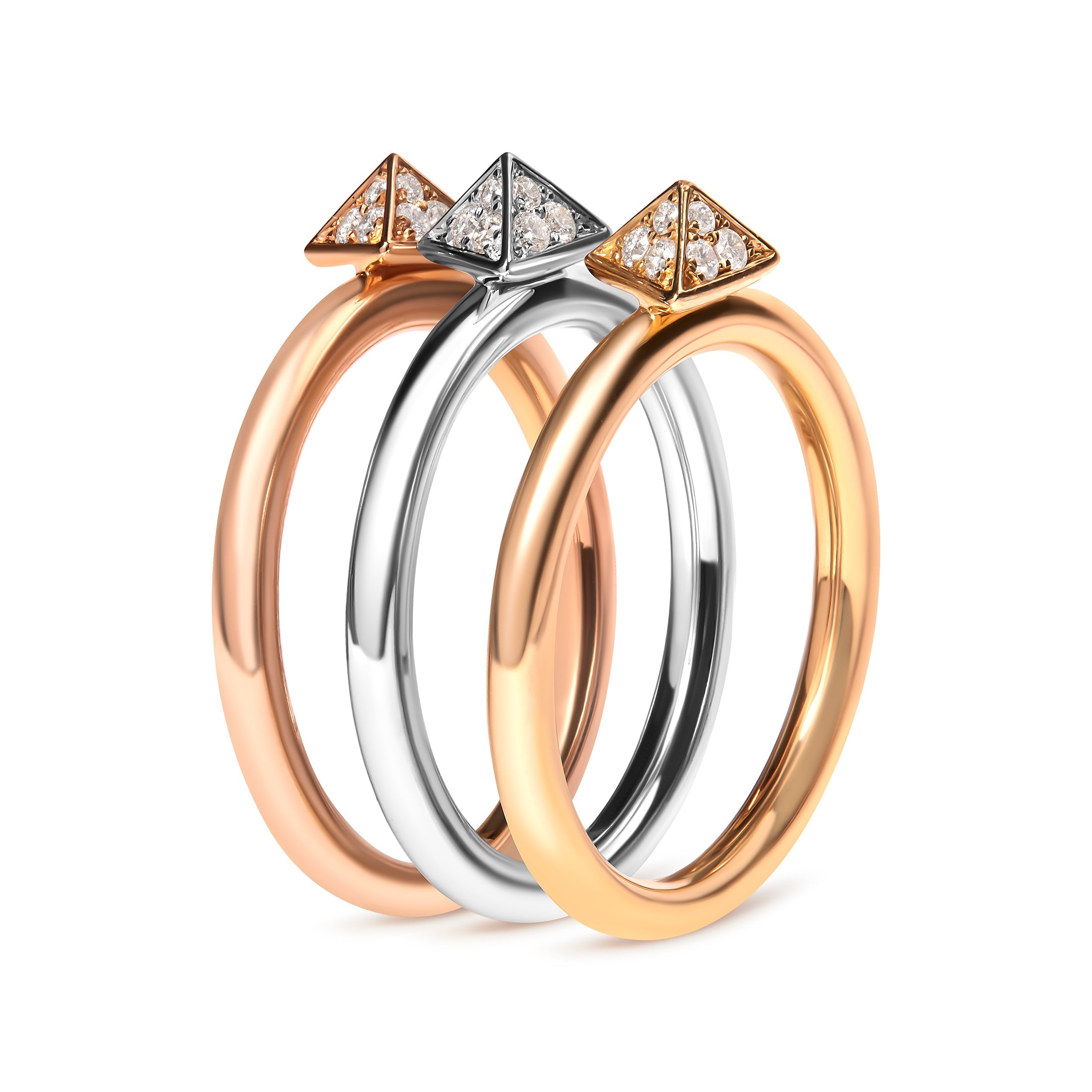 14K Tri Color Gold 1/3 Cttw Diamond Pyramid Stackable Band Ring Set (G-H Color, SI1-SI2 Clarity) - Size 7 