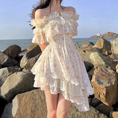 Summer Vietnam Brand Fresh Sweet Floral off Neck Wooden Ear Irregular Asymmetric Swing Holiday Dress by Ragazza