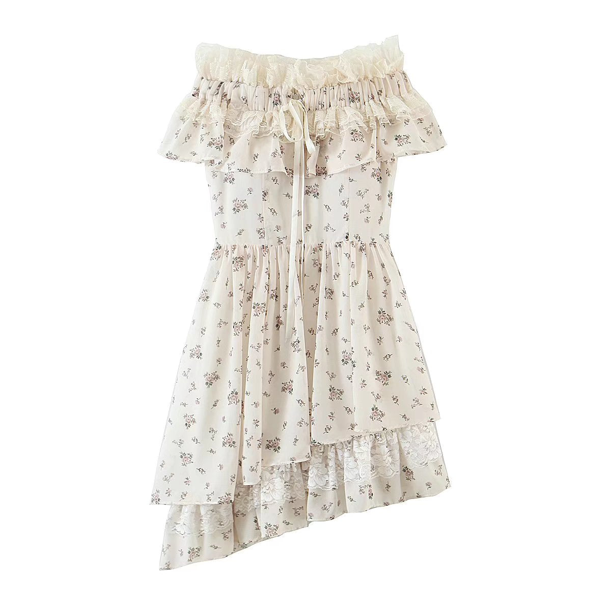 Summer Vietnam Brand Fresh Sweet Floral off Neck Wooden Ear Irregular Asymmetric Swing Holiday Dress by Ragazza