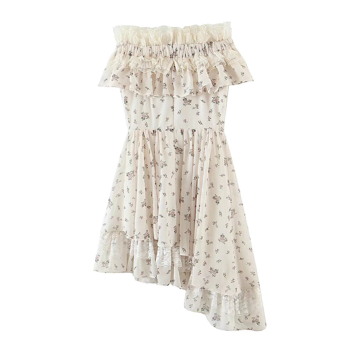 Summer Vietnam Brand Fresh Sweet Floral off Neck Wooden Ear Irregular Asymmetric Swing Holiday Dress by Ragazza