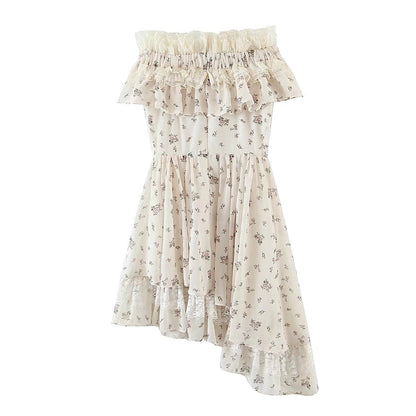 Summer Vietnam Brand Fresh Sweet Floral off Neck Wooden Ear Irregular Asymmetric Swing Holiday Dress by Ragazza
