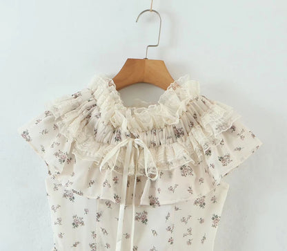 Summer Vietnam Brand Fresh Sweet Floral off Neck Wooden Ear Irregular Asymmetric Swing Holiday Dress by Ragazza