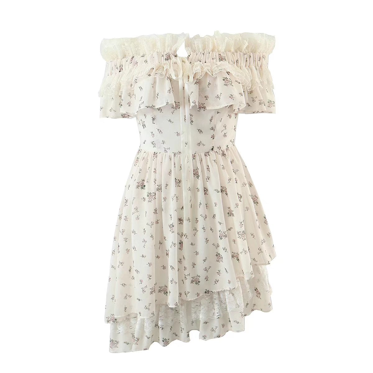 Summer Vietnam Brand Fresh Sweet Floral off Neck Wooden Ear Irregular Asymmetric Swing Holiday Dress by Ragazza