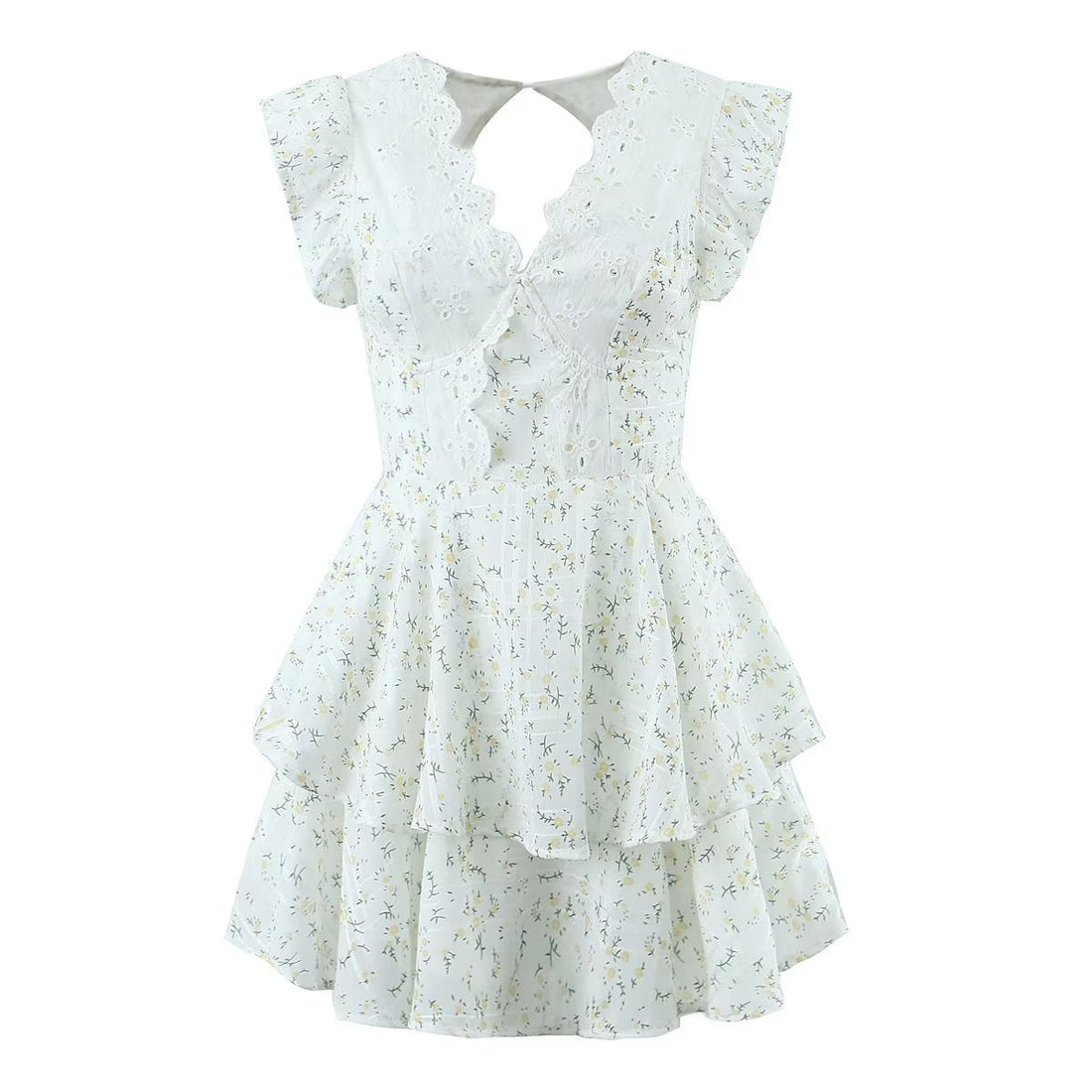 Retro French Ruffles Flounced Sleeve Lace Embroidered Vest Dress Deep V Plunge neck Drawstring Slim Fit Tiered Dress by Ragazza