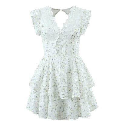 Retro French Ruffles Flounced Sleeve Lace Embroidered Vest Dress Deep V Plunge neck Drawstring Slim Fit Tiered Dress by Ragazza