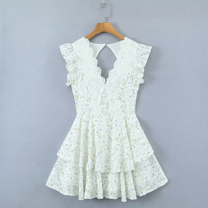 Retro French Ruffles Flounced Sleeve Lace Embroidered Vest Dress Deep V Plunge neck Drawstring Slim Fit Tiered Dress by Ragazza