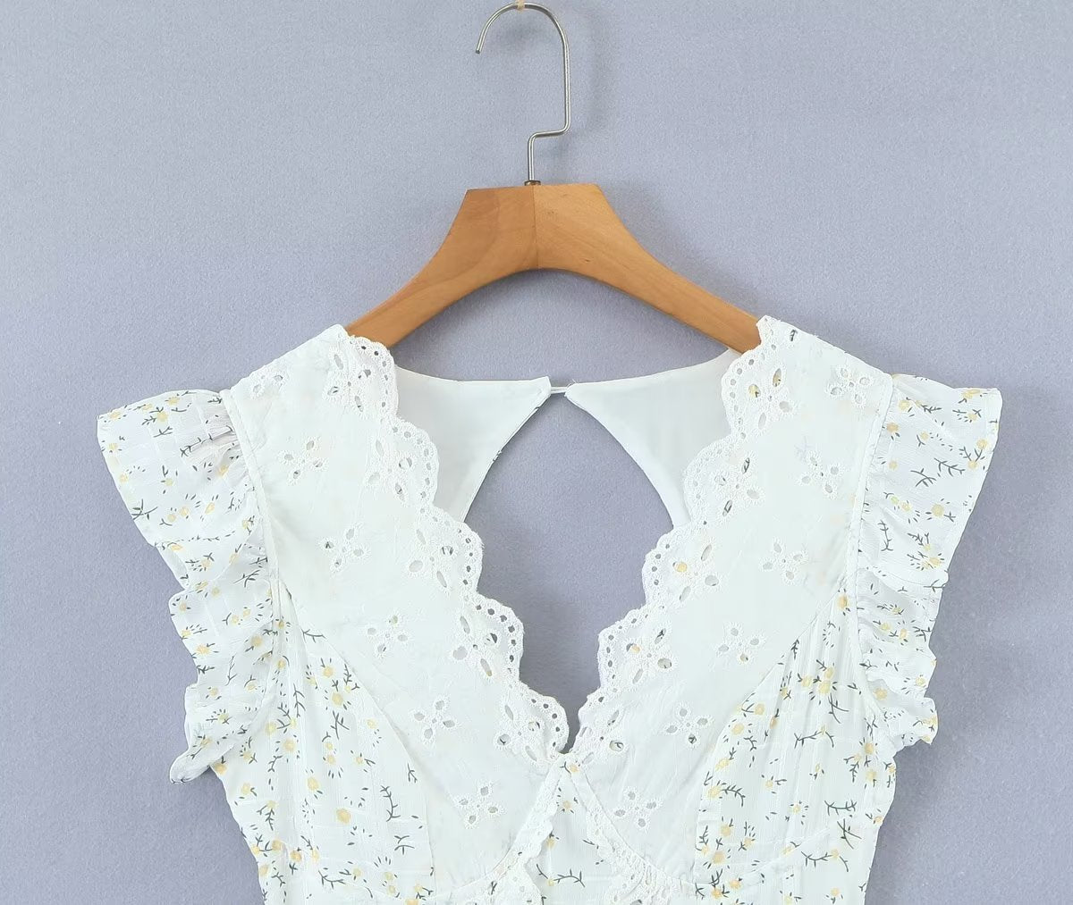 Retro French Ruffles Flounced Sleeve Lace Embroidered Vest Dress Deep V Plunge neck Drawstring Slim Fit Tiered Dress by Ragazza