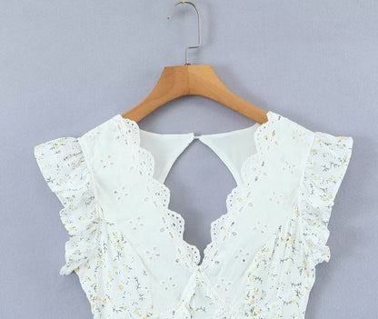 Retro French Ruffles Flounced Sleeve Lace Embroidered Vest Dress Deep V Plunge neck Drawstring Slim Fit Tiered Dress by Ragazza