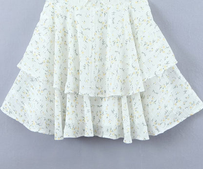 Retro French Ruffles Flounced Sleeve Lace Embroidered Vest Dress Deep V Plunge neck Drawstring Slim Fit Tiered Dress by Ragazza