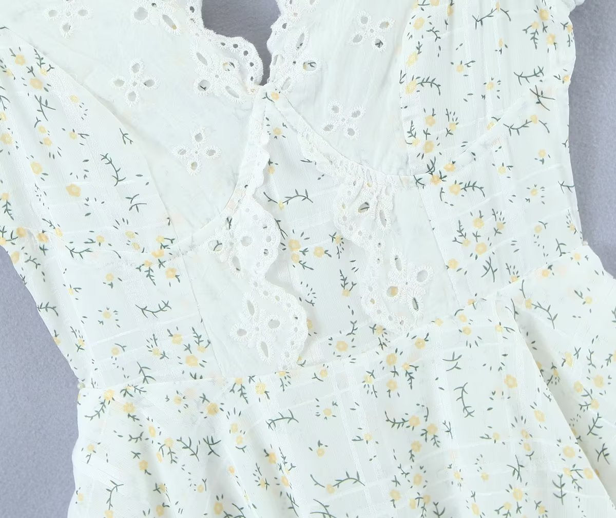 Retro French Ruffles Flounced Sleeve Lace Embroidered Vest Dress Deep V Plunge neck Drawstring Slim Fit Tiered Dress by Ragazza