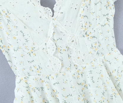 Retro French Ruffles Flounced Sleeve Lace Embroidered Vest Dress Deep V Plunge neck Drawstring Slim Fit Tiered Dress by Ragazza