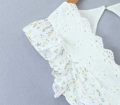 Retro French Ruffles Flounced Sleeve Lace Embroidered Vest Dress Deep V Plunge neck Drawstring Slim Fit Tiered Dress by Ragazza