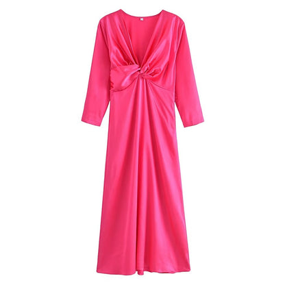 Fall Women Clothing V neck Silk Forged Texture Bow Tie Elastic Sleeve Dress by Ragazza