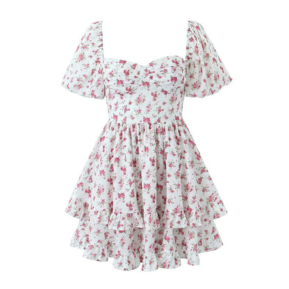Women Clothing Summer Spicy Puff Sleeve Sexy Pink Printing Waist Dress by Ragazza