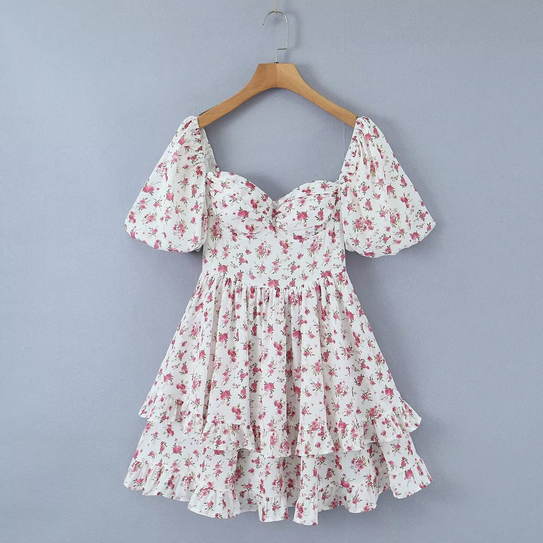 Women Clothing Summer Spicy Puff Sleeve Sexy Pink Printing Waist Dress by Ragazza