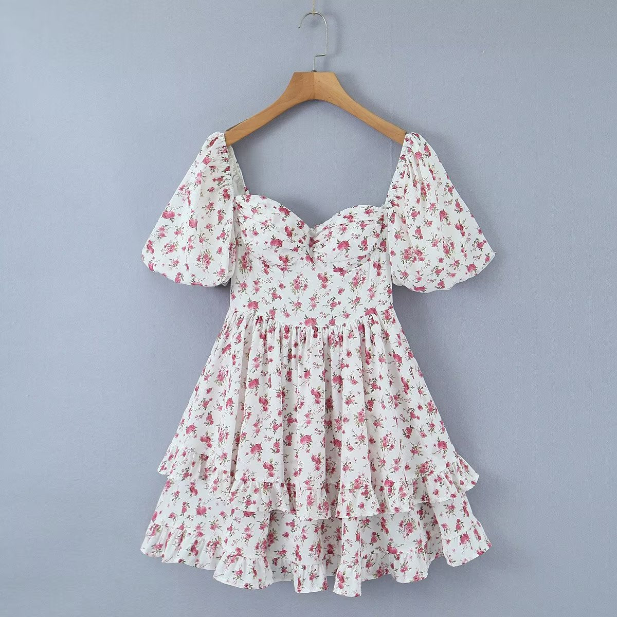 Women Clothing Summer Spicy Puff Sleeve Sexy Pink Printing Waist Dress by Ragazza