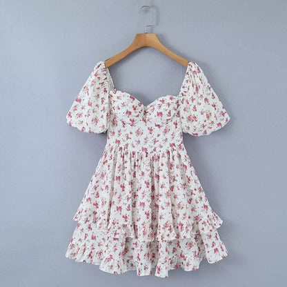 Women Clothing Summer Spicy Puff Sleeve Sexy Pink Printing Waist Dress by Ragazza