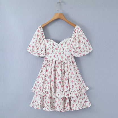 Women Clothing Summer Spicy Puff Sleeve Sexy Pink Printing Waist Dress by Ragazza