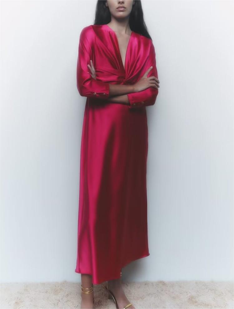 Fall Women Clothing V neck Silk Forged Texture Bow Tie Elastic Sleeve Dress by Ragazza