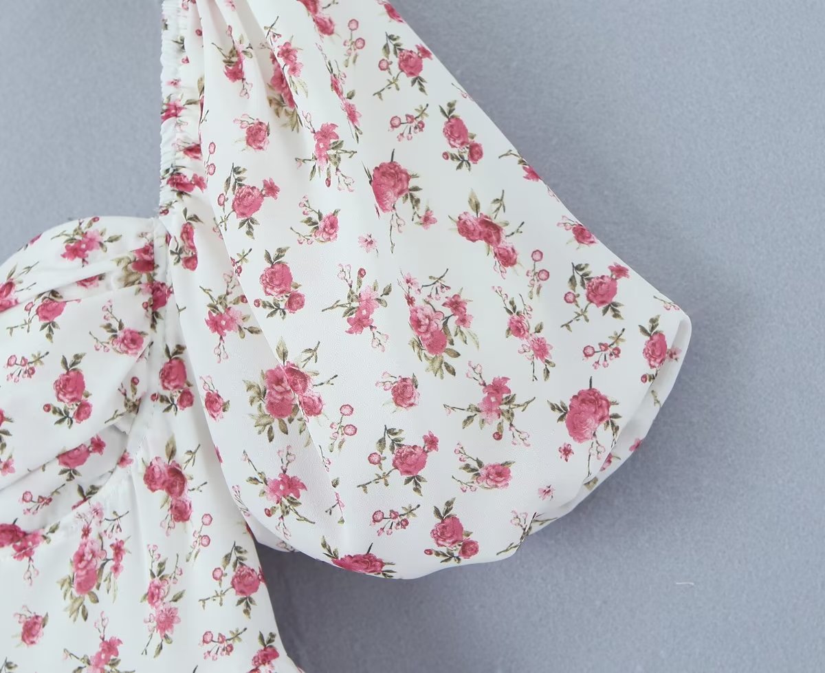 Women Clothing Summer Spicy Puff Sleeve Sexy Pink Printing Waist Dress by Ragazza