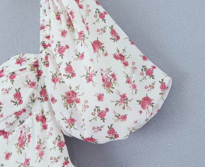 Women Clothing Summer Spicy Puff Sleeve Sexy Pink Printing Waist Dress by Ragazza