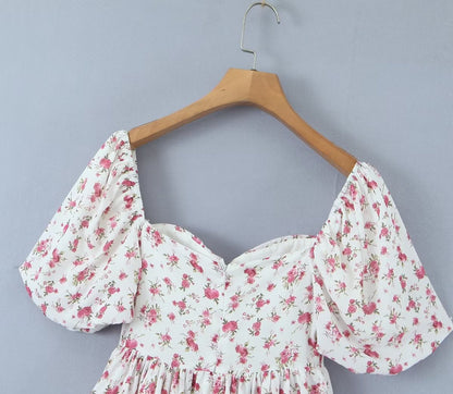 Women Clothing Summer Spicy Puff Sleeve Sexy Pink Printing Waist Dress by Ragazza