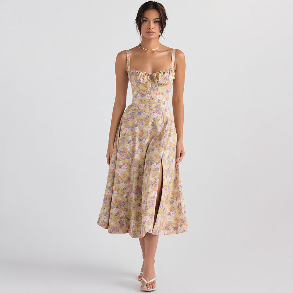 Women Clothing Sexy Backless Slim Fit Strap Dress Vacation Floral Split Mid Length Dress by Ragazza