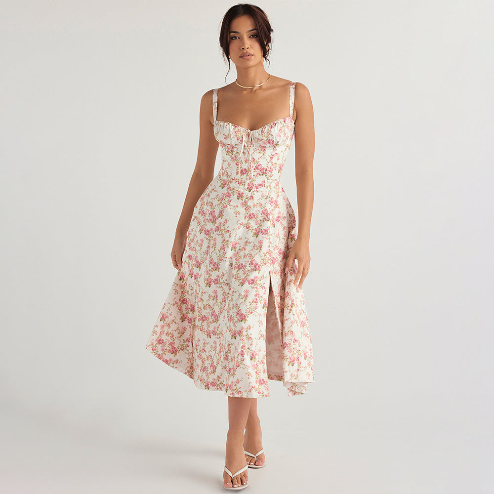 Women Clothing Sexy Backless Slim Fit Strap Dress Vacation Floral Split Mid Length Dress by Ragazza