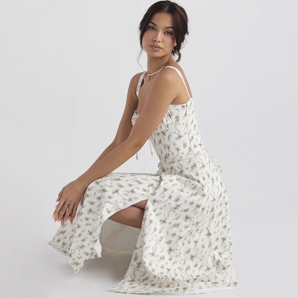 Women Clothing Sexy Backless Slim Fit Strap Dress Vacation Floral Split Mid Length Dress by Ragazza