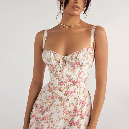 Women Clothing Sexy Backless Slim Fit Strap Dress Vacation Floral Split Mid Length Dress by Ragazza