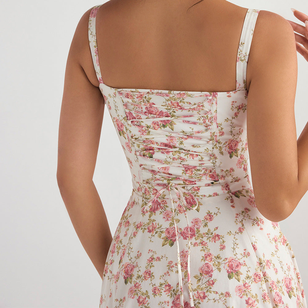 Women Clothing Sexy Backless Slim Fit Strap Dress Vacation Floral Split Mid Length Dress by Ragazza