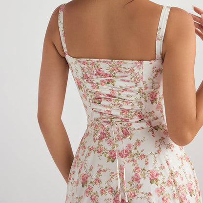 Women Clothing Sexy Backless Slim Fit Strap Dress Vacation Floral Split Mid Length Dress by Ragazza