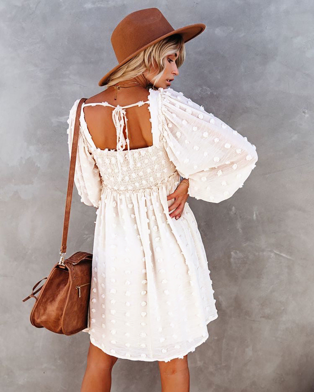 Square Collar Chiffon Polka Dots Short Lantern Sleeve Dress  DestGlow