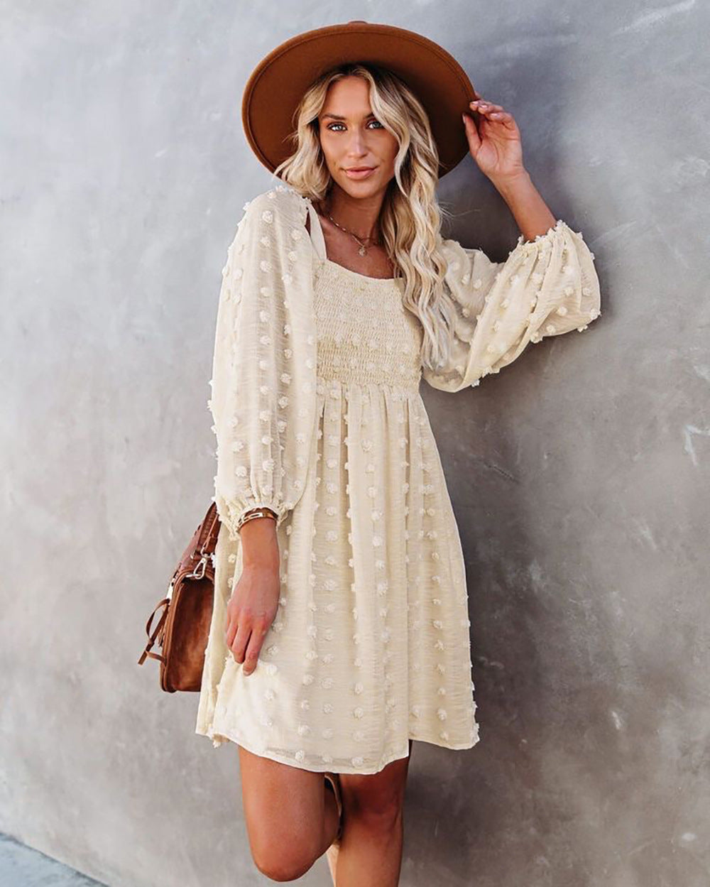 Square Collar Chiffon Polka Dots Short Lantern Sleeve Dress  DestGlow