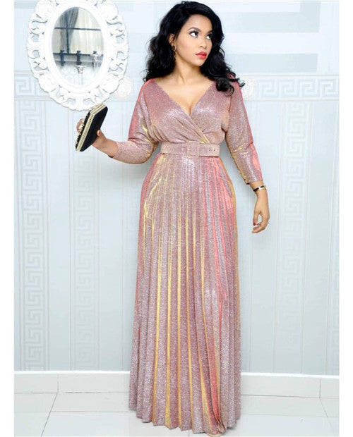 Winter African Women Wear Long Sleeve Bronzing Pleated Swing Dress with Belt Glittering Powder Fabric by Ragazza