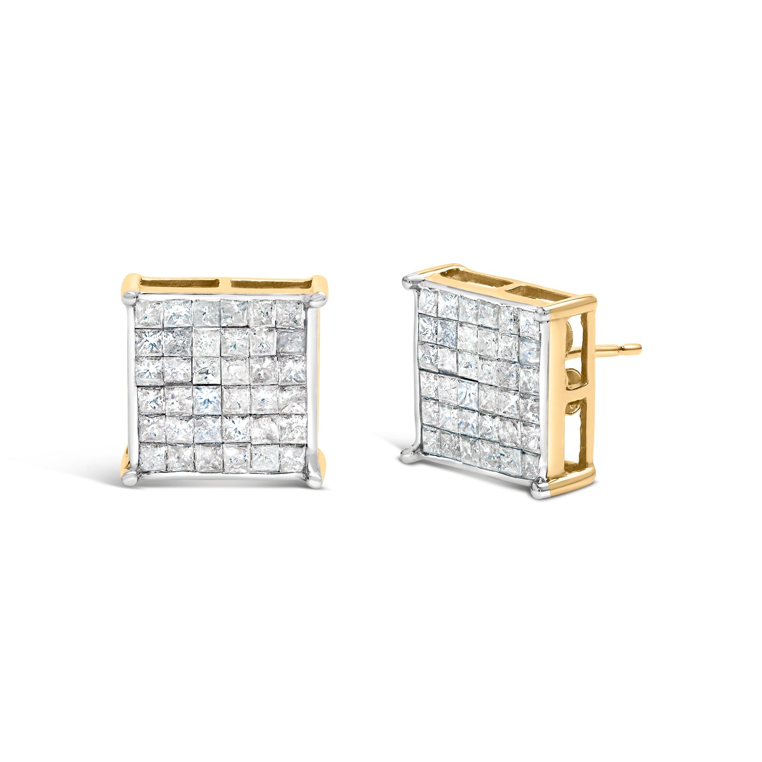 10K Yellow Gold 2.0 Cttw Invisible-Set Princess-Cut Diamond Stud Earrings by Bids.com