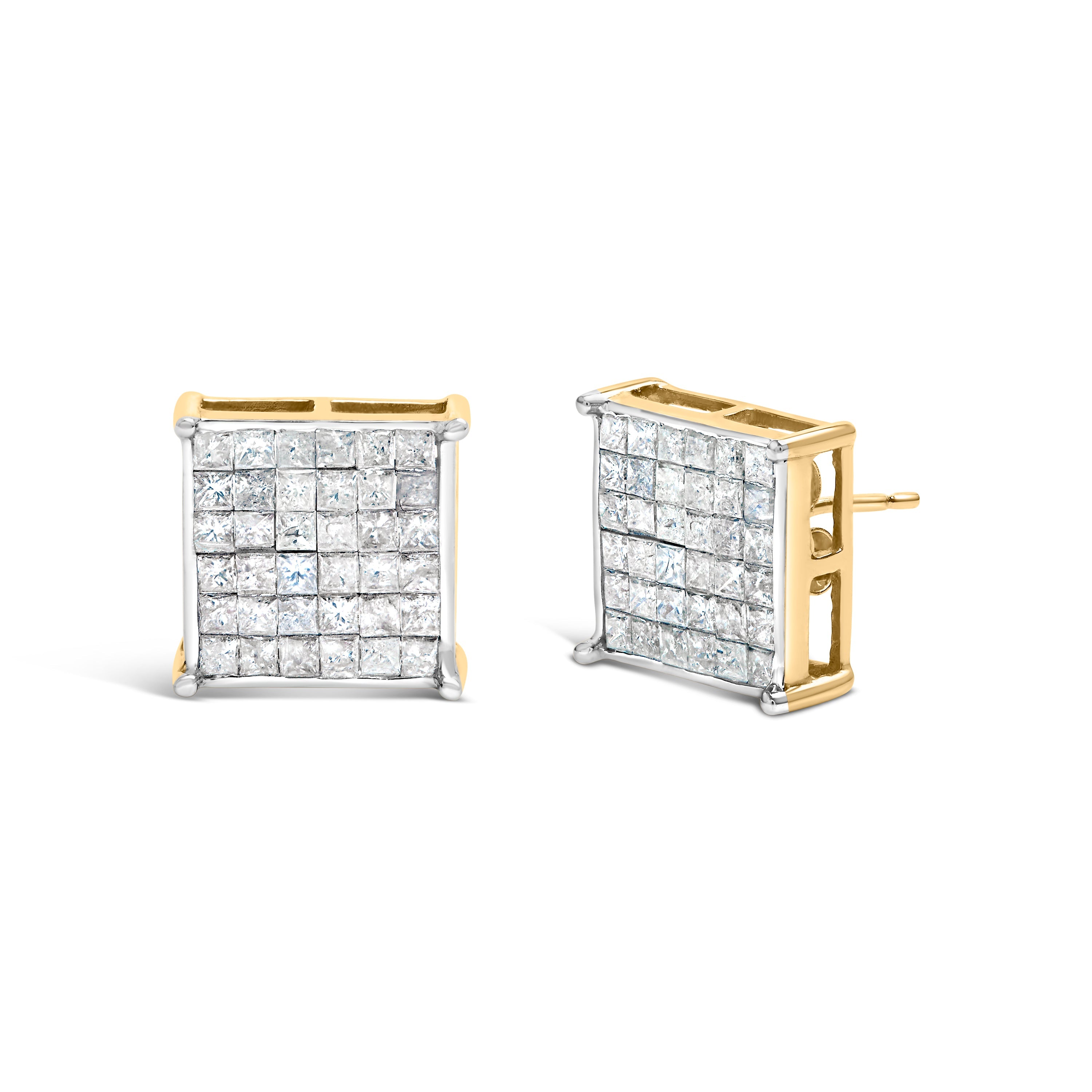 10K Yellow Gold 2.0 Cttw Invisible-Set Princess-Cut Diamond Stud Earrings by Bids.com