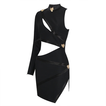 Spring Summer Sexy Hollow Out Cutout Single Long Sleeve Scarf Collar Dress Women Clothing Bandage One Piece Dress by Ragazza