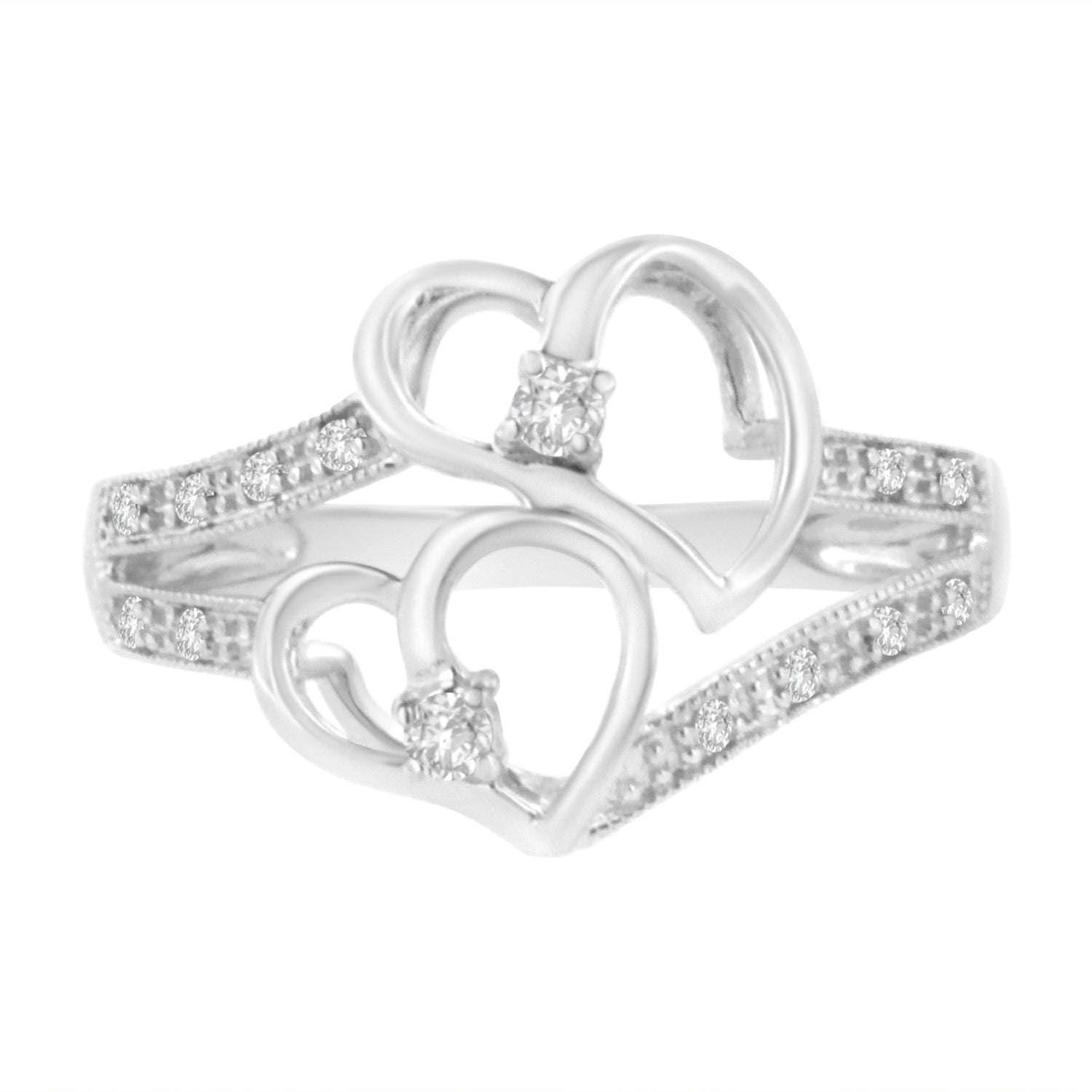 14KT White Gold 1/10 cttw Diamond Twin Heart Ring - Size 6.5 by Bids.com