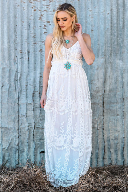 White Contrast Lace Backless Spaghetti Strap Maxi Dress by Ragazza