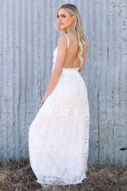 White Contrast Lace Backless Spaghetti Strap Maxi Dress by Ragazza