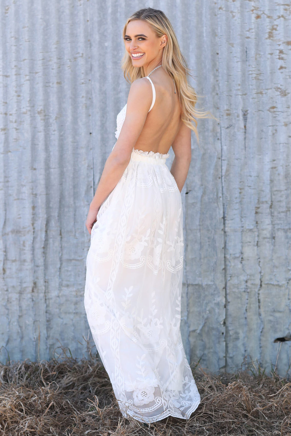 White Contrast Lace Backless Spaghetti Strap Maxi Dress by Ragazza