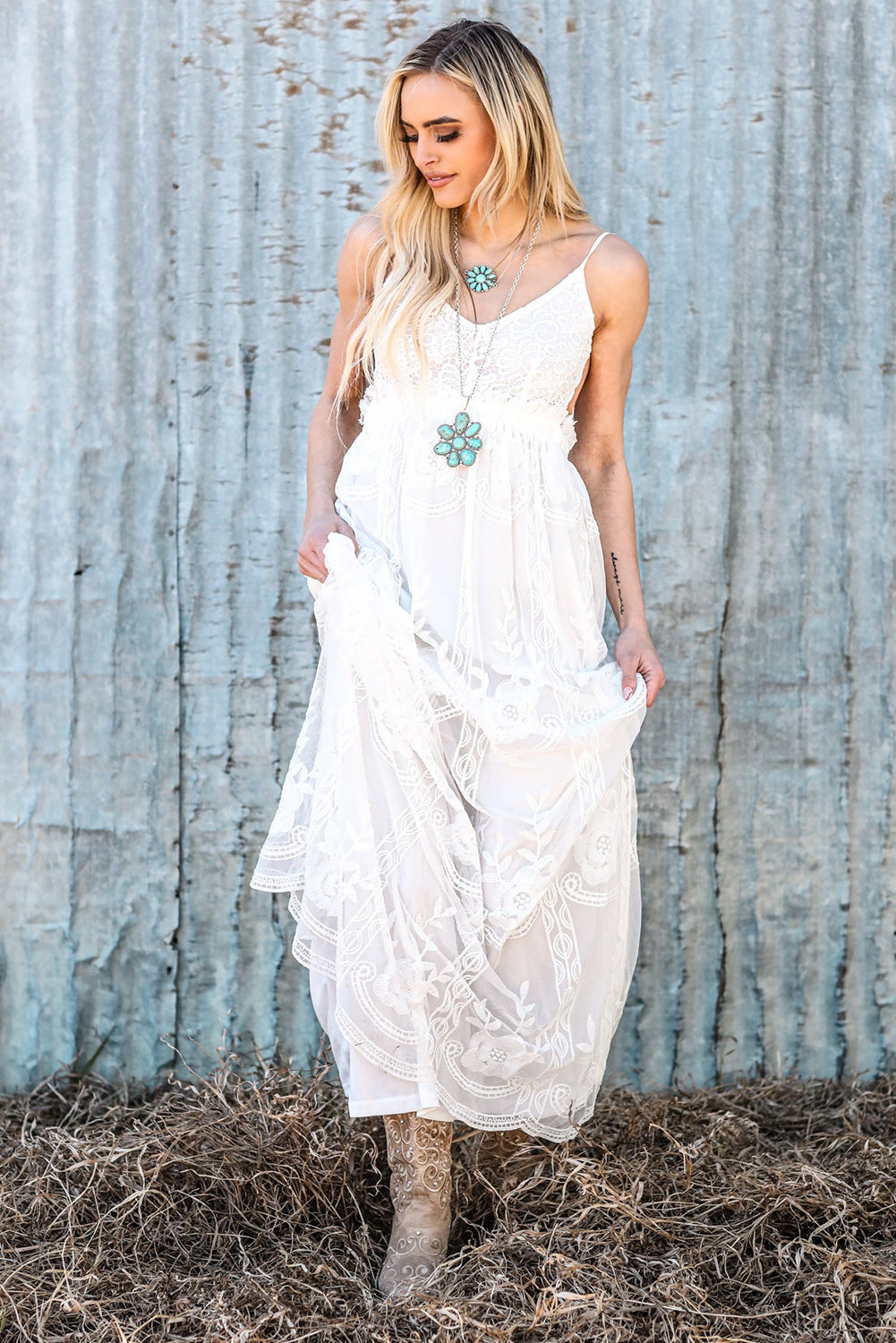 White Contrast Lace Backless Spaghetti Strap Maxi Dress by Ragazza