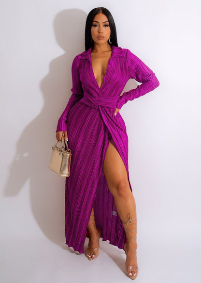 Sexy Slit Dress Autumn Winter V neck Long Sleeve Pleated Dress by Ragazza